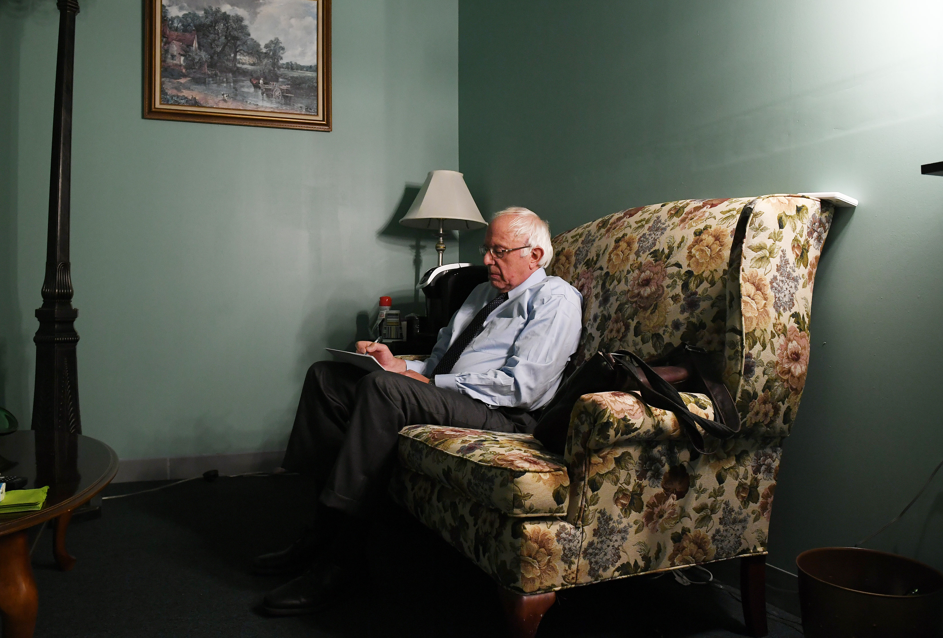 Presidential candidate Bernie Sanders prepares to speak for a video to supporters at Polaris Mediaworks on June 16, 2016 in Burlington, Vermont. 