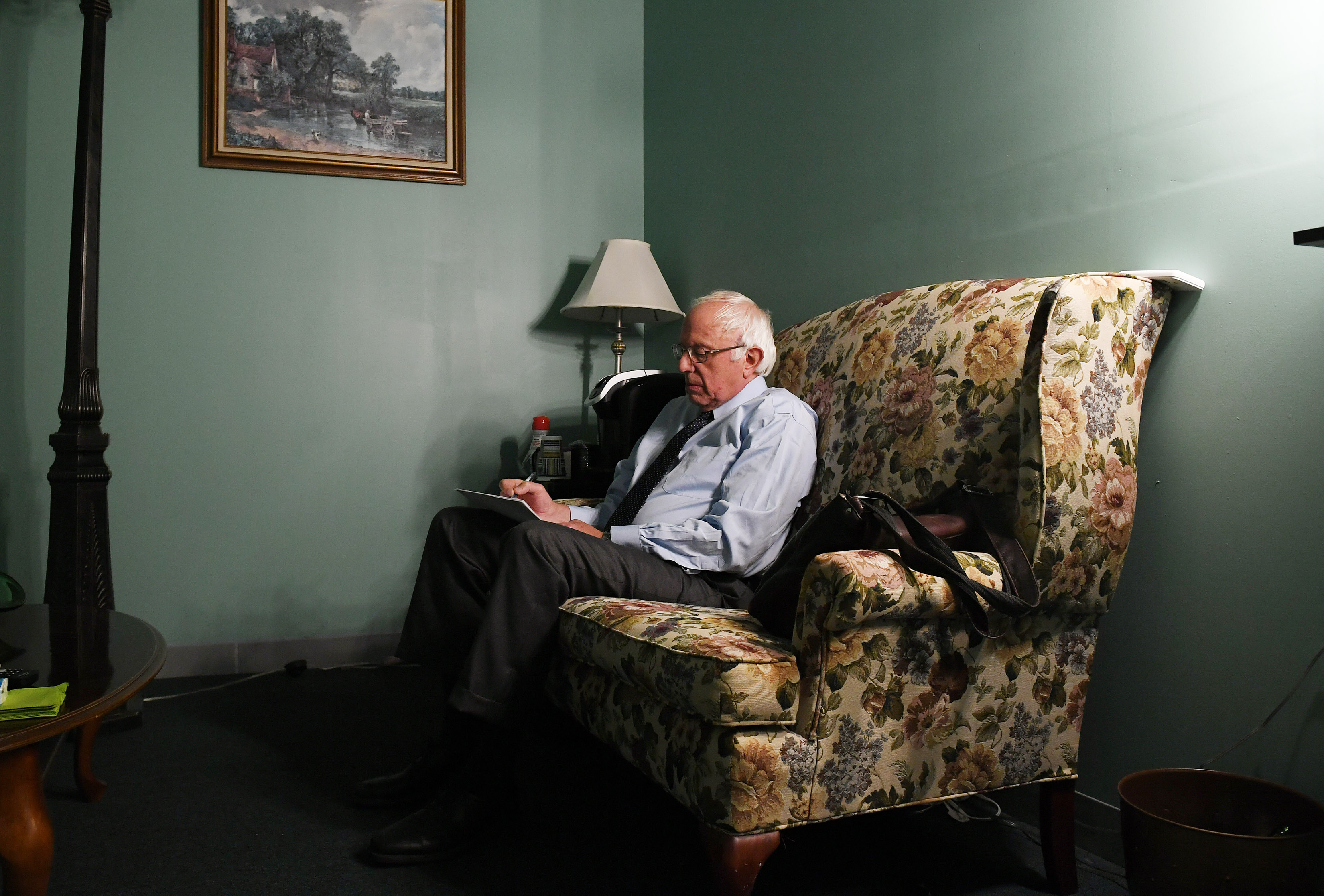 Presidential candidate Bernie Sanders prepares to speak for a video to supporters at Polaris Mediaworks on June 16, 2016 in Burlington, Vermont.