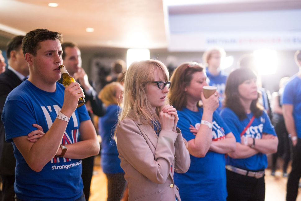 Supporters of the Stronger In Campaign watch the results of the EU referendum being announced at the Royal Festival Hall.