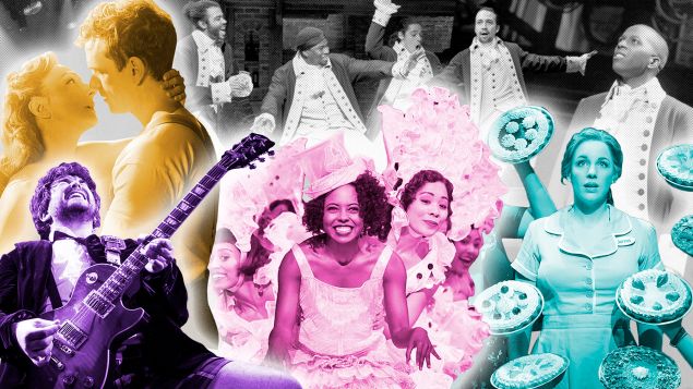 Scenes from this year's Tony-nominated Best Musicals. From bottom left: School of Rock, Bright Star, Hamilton, Waitress and Shuffle Along.