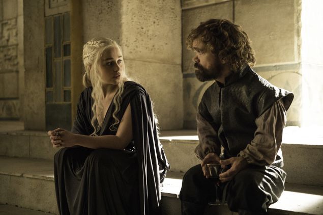 Emilia Clark as Daenerys Targaryen and Peter Dinklage as Tyrion Lannister.
