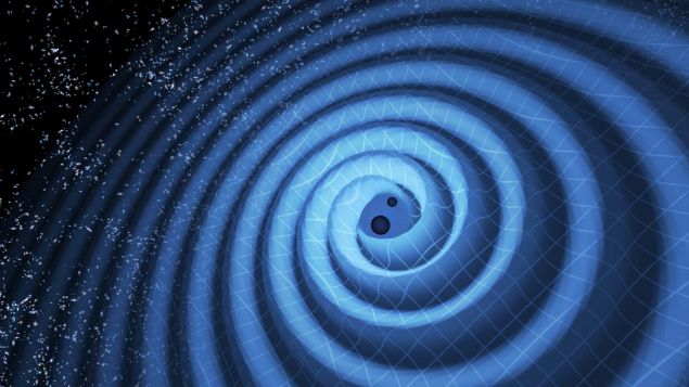 Illustration of the merger of two black holes and the gravitational waves that ripple outward as the black holes spiral toward each other. 