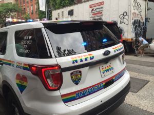 An NYPD car decked out for pride.