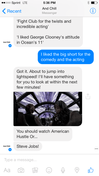And Chill in action on FB Messenger