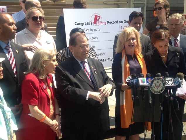 Congresswoman Carolyn Maloney, center, with Congressman Jerrold Nadler, Congressman Hakeem Jeffries and Congresswoman Nydia Velazquez, among others.