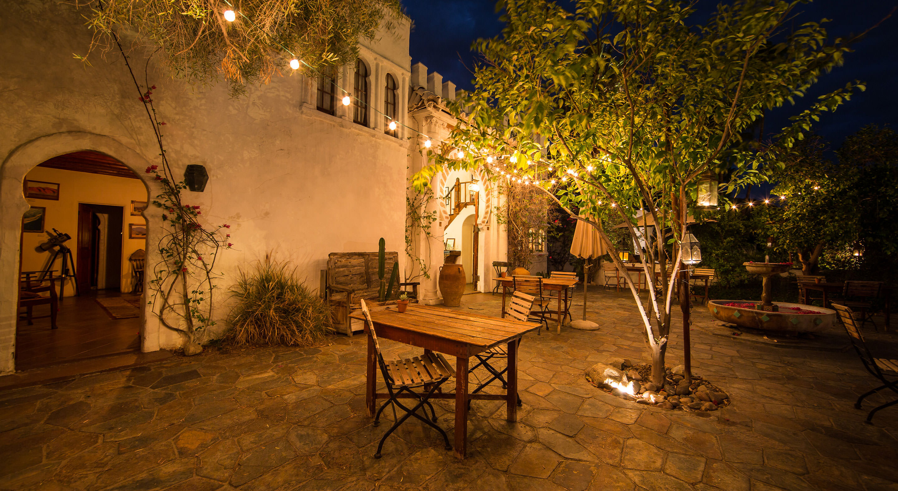 Restored in 1989, Dar Marroc was renamed Korakia (Greek for "crow") and crafted into a Mediterranean-style resort. The resort, now housed in two lovingly restored historic villas, rests on 1.5 lush acres, consisting of bungalows, guesthouses, gardens and pools.