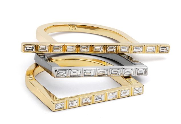 Ileana Makri Thread Baguette Bar Ring in 18K Yellow Gold with 11 White Diamond Baguettes, $4,035; Thread Baguette Bar Ring in 18K White Gold Oxidized with 7 White Diamond Baguettes, $3,140; Thread Baguette Bar Ring in 18K Yellow Gold with 7 White Diamond Baguettes, $3,140