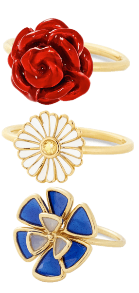 Alison Lou Rose Stack Ring in 14K Yellow Gold with Red Enamel, $1,165; Daisy Enamel Stack Ring in 14K Yellow Gold with Enamel and Yellow Sapphire, $760; Glass Enamel Ring in 14K Yellow Gold with Glass Enamel Leaves, $795