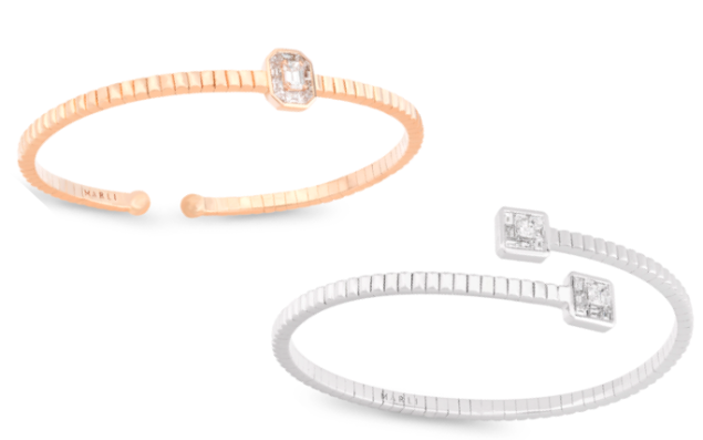 Marli Deco Slip On Bangle Wrap in 18K White Gold with White Diamonds, $5,060; Deco Slip-on Cuff 18K Rose Gold and Diamonds, $5,300