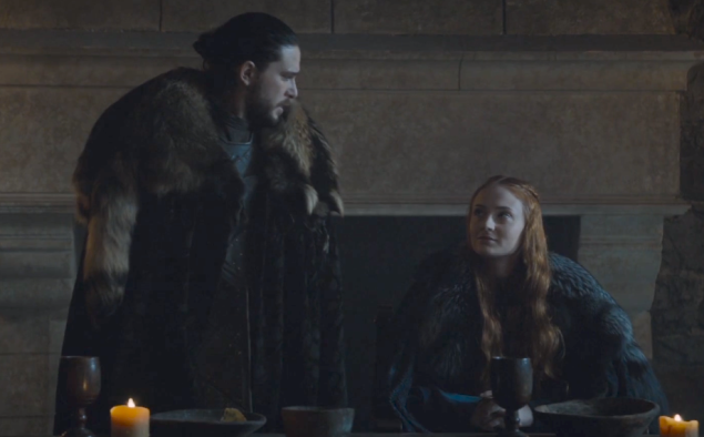 Kit Harington as Jon Snow and Sophie Turner as Sansa Stark. 