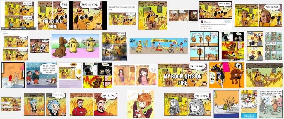 Results from a reverse image search on Google for KC Green's "On Fire" comic from 2013.