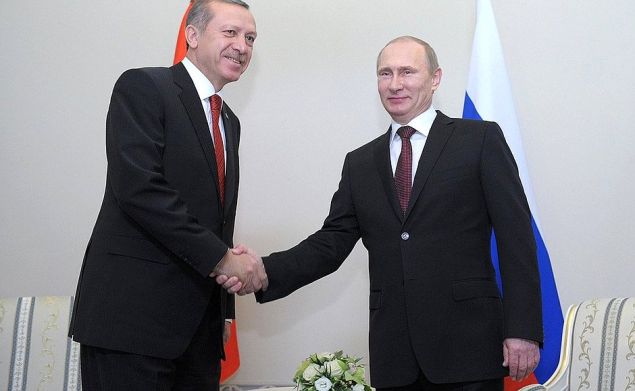 Turkish prime minister Recep Tayyip Erdoğan with his Russian counterpart, Vladimir Putin.