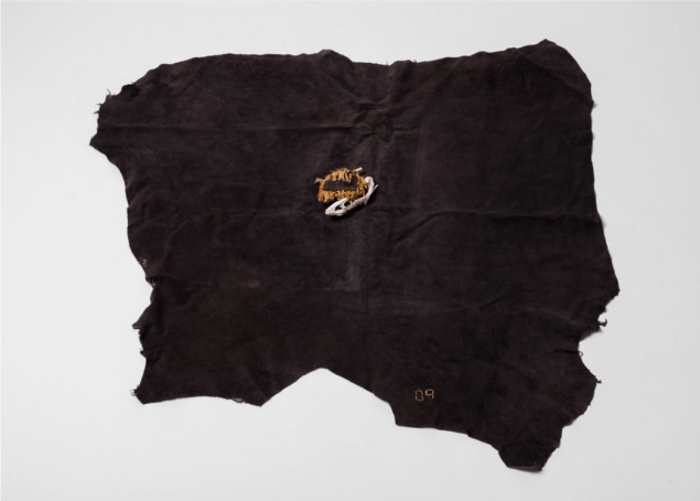 The Loves Ones by Sam Anderson includes Leather, dried sunflower, laminate, wire and frog skeleton