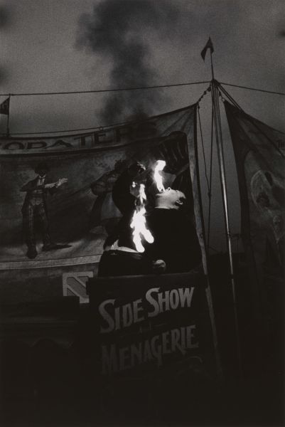 Fire Eater at a carnival, Palisades Park, N.J. 1957.