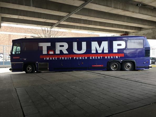 NEW YORK, NY - MARCH 6: T.rump bus is on display at New York art fair in New York on March 6, 2016. Artists David Gleeson and Mary Mihelic purchased a former Donald Trump campaign bus and turned it into an art project protesting his campaign. 