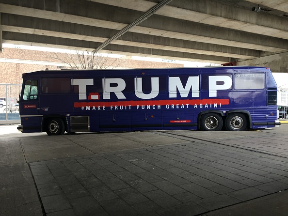 NEW YORK, NY - MARCH 6: T.rump bus is on display at New York art fair in New York on March 6, 2016. Artists David Gleeson and Mary Mihelic purchased a former Donald Trump campaign bus and turned it into an art project protesting his campaign.