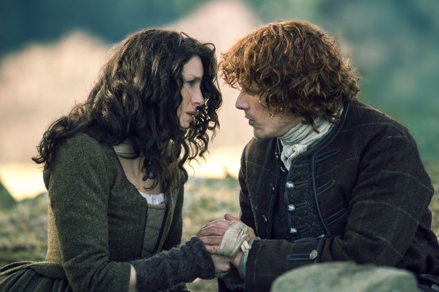 Caitriona Balfe as Claire Randall Fraser and Sam Heughan as Jamie Fraser.
