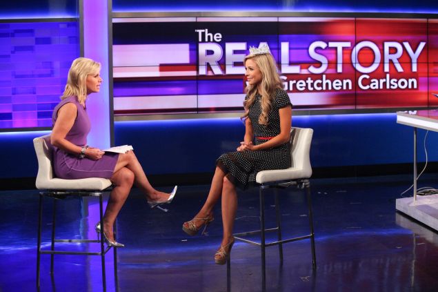 NEW YORK, NY - SEPTEMBER 16: FOX News Anchor Gretchen Carlson Interviews Miss America 2015 Kira Kazantsev at FOX Studios on September 16, 2014 in New York City.