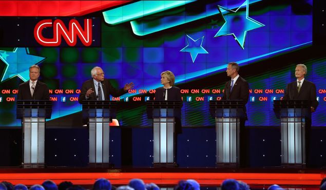 LAS VEGAS, NV - OCTOBER 13: (L-R) Democratic presidential candidates Jim Webb, U.S. Sen. Bernie Sanders (I-VT), Hillary Clinton, Martin O'Malley and Lincoln Chafee take part in presidential debate sponsored by CNN and Facebook at Wynn Las Vegas on October 13, 2015 in Las Vegas, Nevada. The five candidates are participating in the party's first presidential debate.