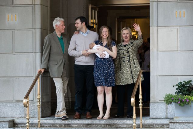 NEW YORK, NY - JUNE 20: (L to R) Former President Bill Clinton, Marc Mezvinsky, Chelsea Clinton, holding her newborn son Aidan, and Democratic Presidential candidate Hillary Clinton exit Lenox Hill Hospital, June 20, 2016 in New York City. Chelsea Clinton gave birth to Aidan, her second child, on Saturday. (Photo by Drew Angerer/Getty Images)