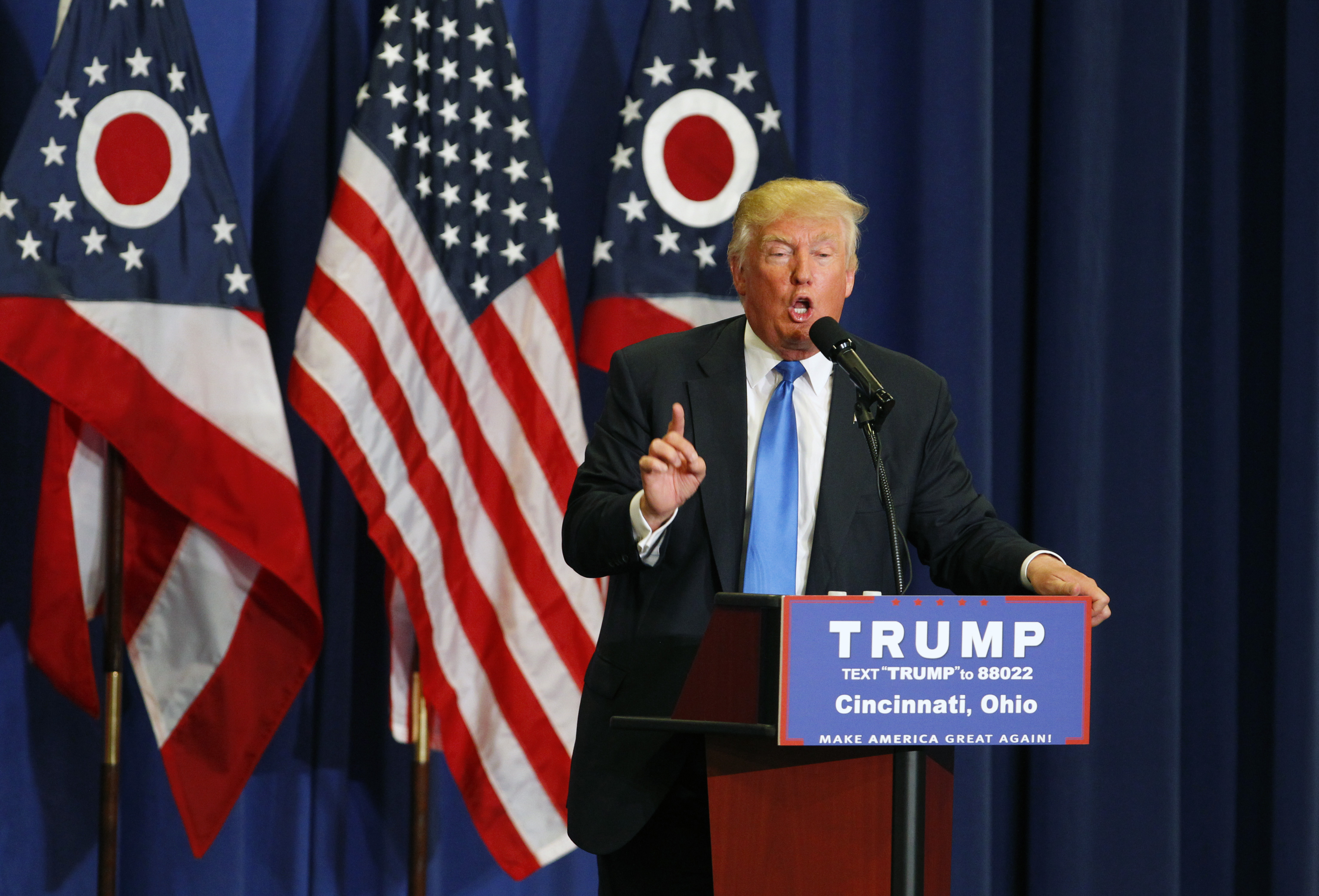 Republican Presidential candidate Donald Trump addresses the crowd during a campaign rally at in Cincinnati.