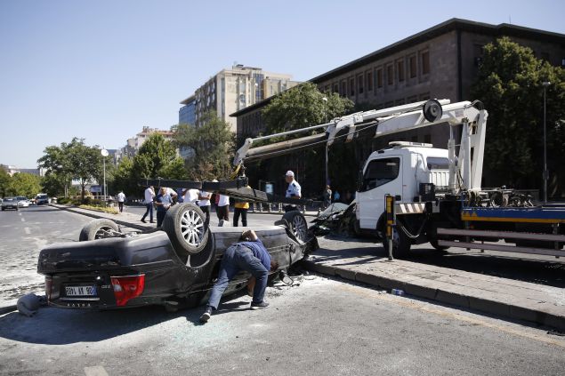 Destroyed cars pulled from the streets in Ankara during failed coup attempt in Turkey.