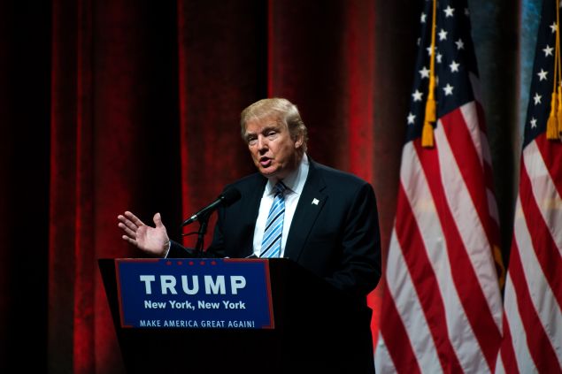 NEW YORK, NY - JULY 16: Republican presidential candidate Donald Trump speaks before introducing his vice presidential running mate Indiana Gov. Mike Pence at the New York Hilton Midtown on July 16, 2016 in New York City. Trump announced his choice on Friday via Twitter after the initial press conference was canceled due to the terrorist attack in Nice, France.