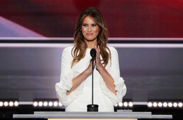 Melania Trump, wife of Presumptive Republican presidential nominee Donald Trump, delivers a speech on the first day of the Republican National Convention on July 18, 2016 at the Quicken Loans Arena in Cleveland, Ohio. 