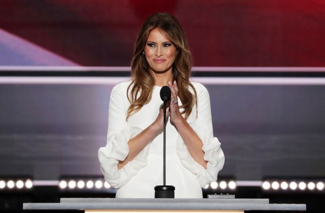Melania Trump, wife of Presumptive Republican presidential nominee Donald Trump, delivers a speech on the first day of the Republican National Convention on July 18, 2016 at the Quicken Loans Arena in Cleveland, Ohio.