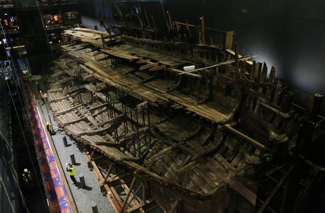 PORTSMOUTH, ENGLAND - JULY 19: Henry VIII's warship, the Mary Rose after a £5.4m museum revamp on July 19, 2016 in Portsmouth, England. The ship, which was raised from the Solent in 1982, was launched in Portsmouth in 1511 and sank in 1545 at the Battle of the Solent.