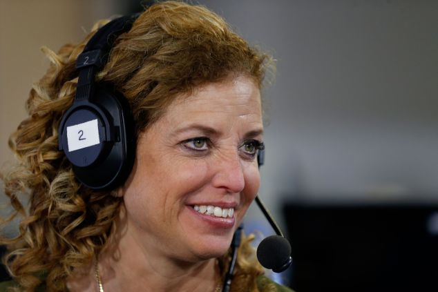 CLEVELAND, OH - JULY 20: Debbie Wasserman Schultz, chair of the Democratic National Committee, discusses why she believes Hillary Clinton is the best candidate for the presidency, while being interviewed by Julie Mason, on "The Press Pool" at Quicken Loans Arena on July 20, 2016 in Cleveland, Ohio.