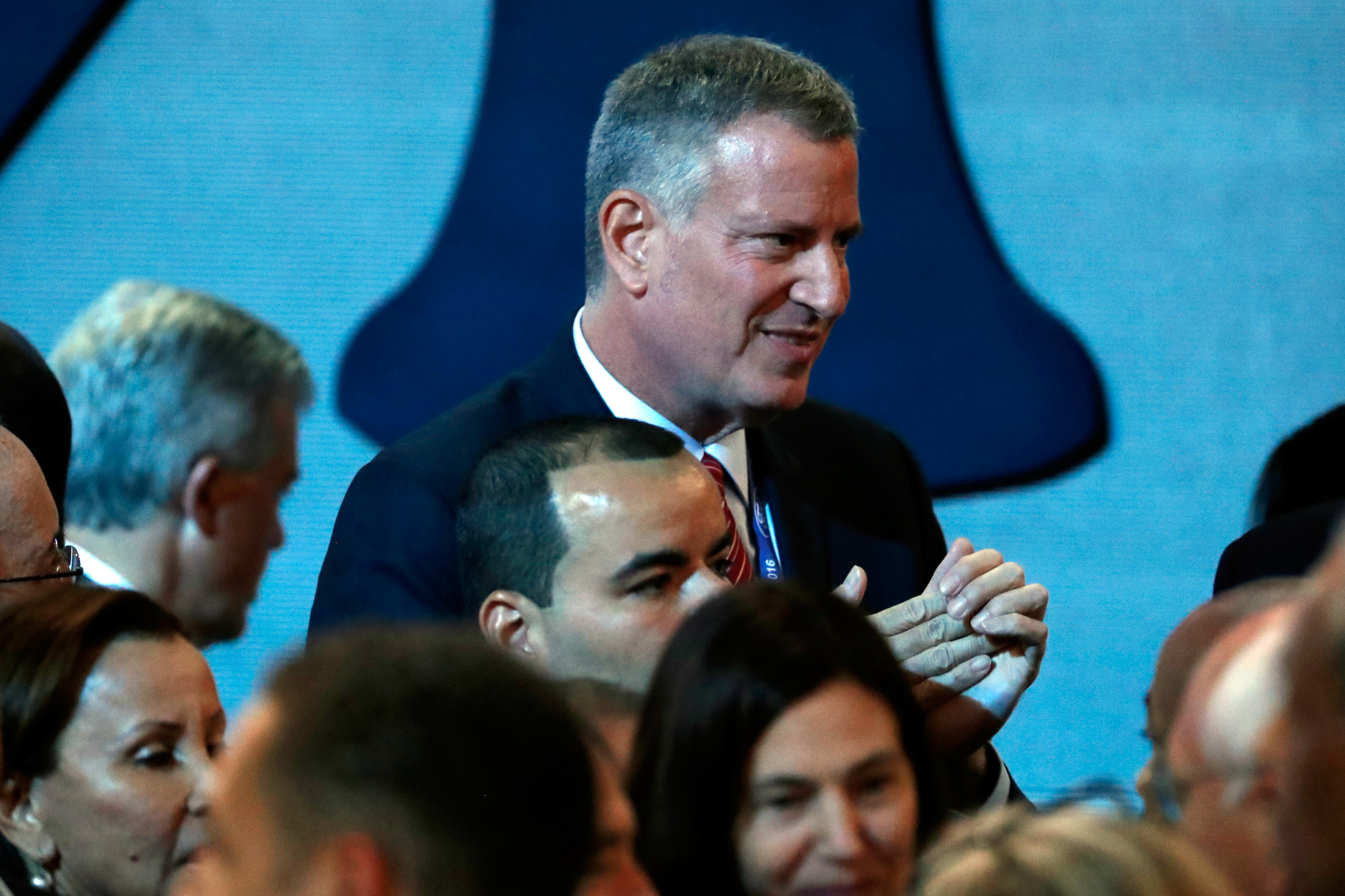 New York City Mayor Bill de Blasio attends the first day of the Democratic National Convention