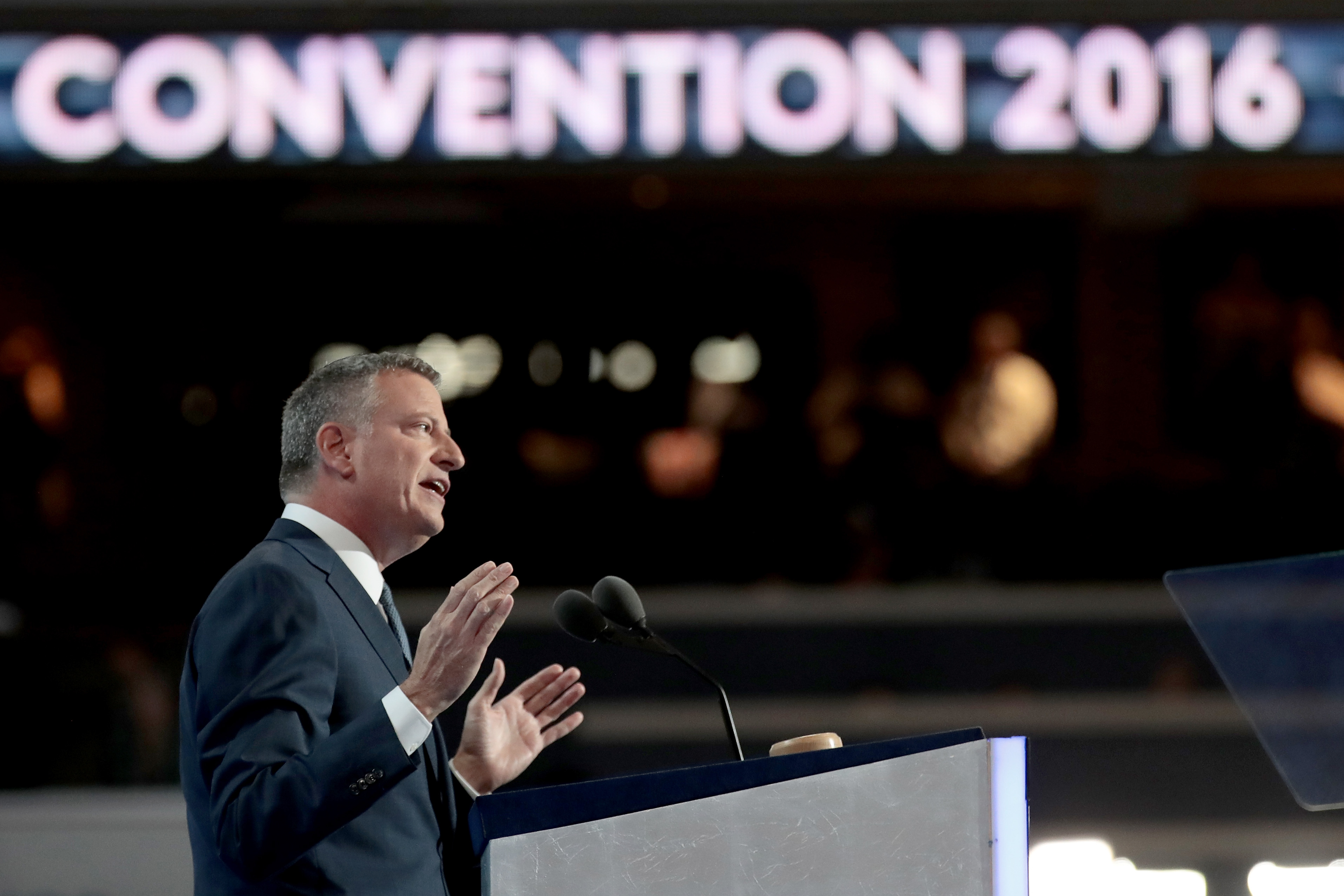 New York City Mayor Bill de Blasio delivers remarks on the third day of the Democratic National Convention