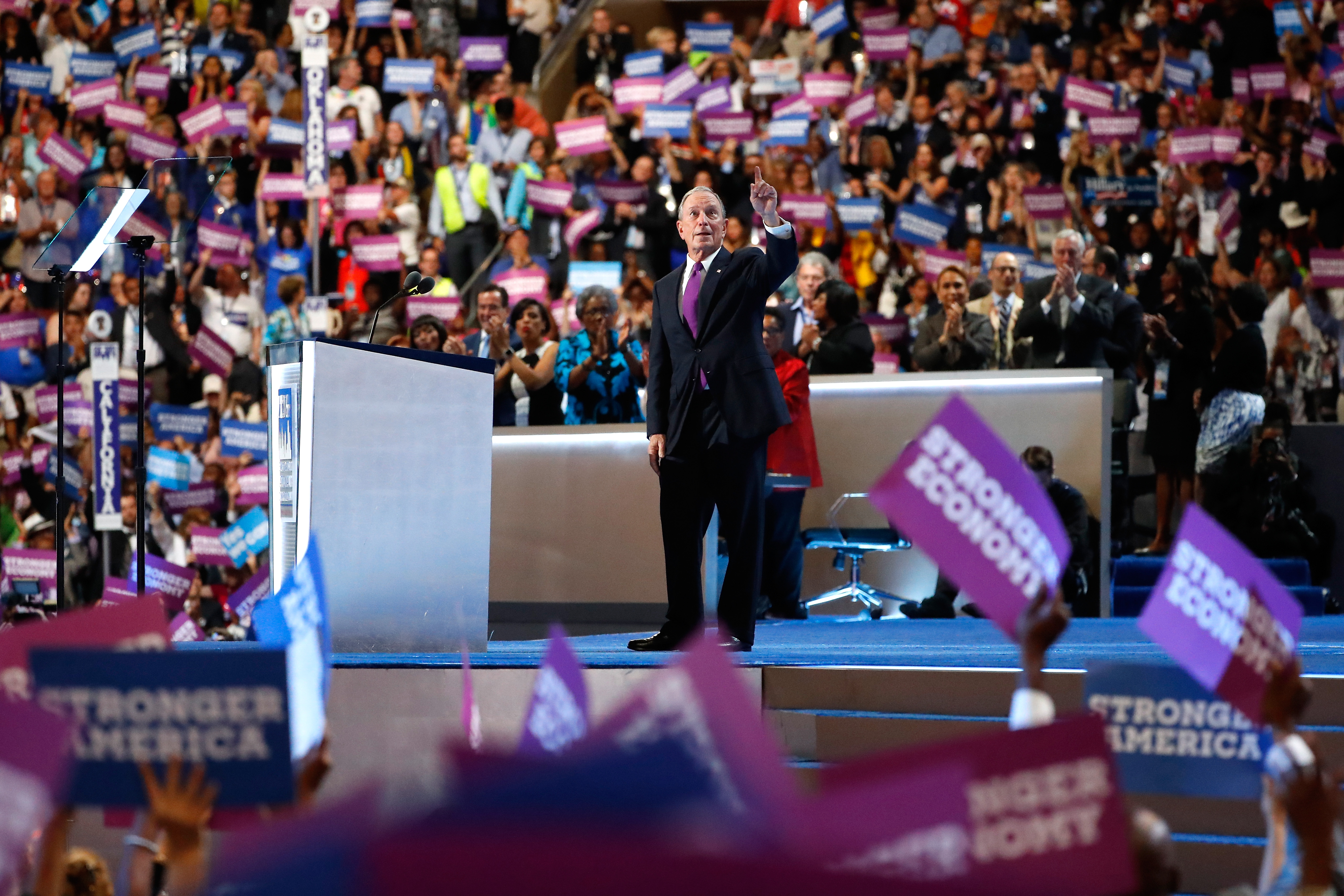 Former New York City Mayor Michael Bloomberg gestures to attendees after delivering remarks on the third day of the Democratic National Convention.