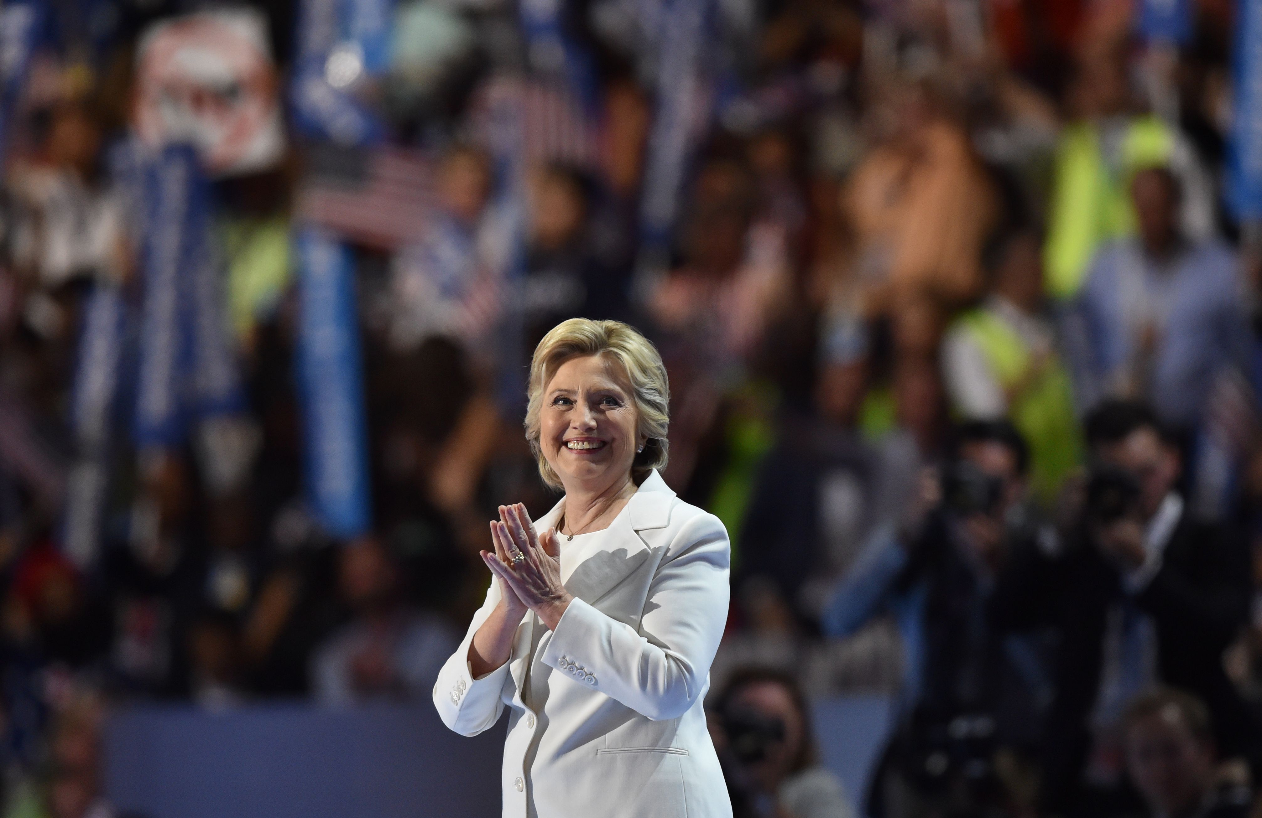 Presidential nominee Hillary Clinton gestures after the fourth and final day of the Democratic National Convention on July 28, 2016 in Philadelphia, Pennsylvania. 