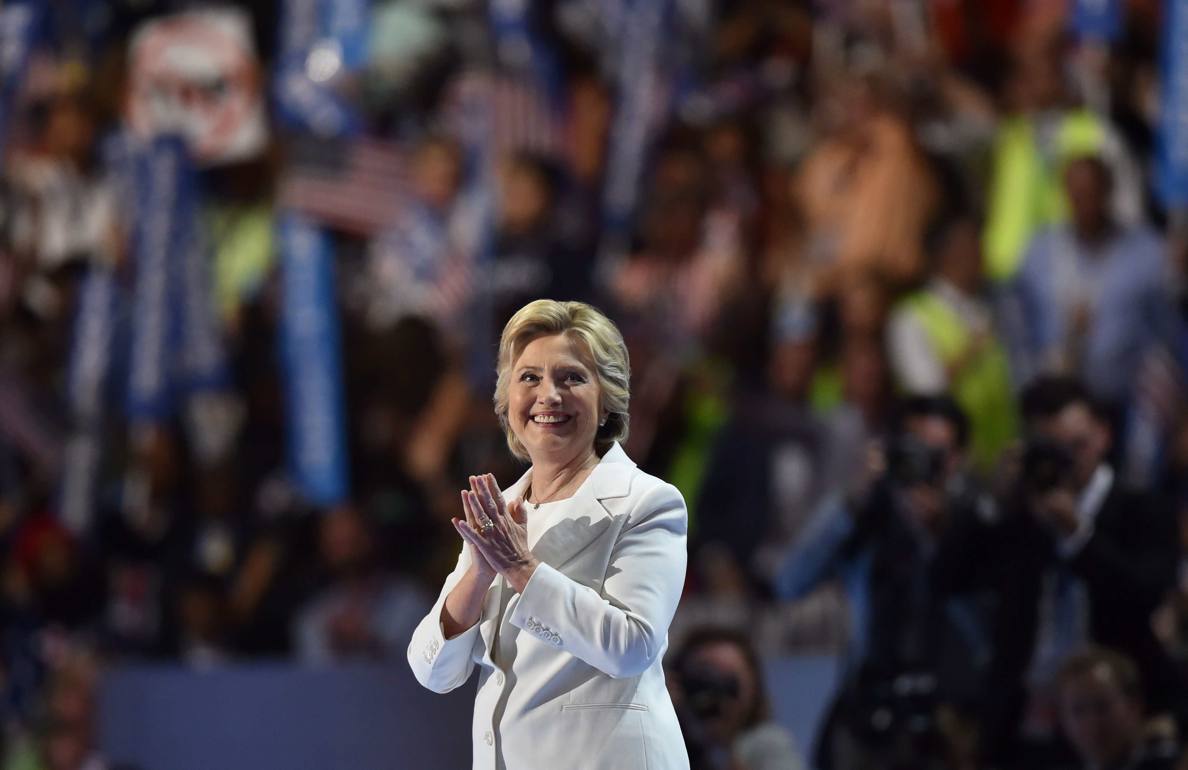 Presidential nominee Hillary Clinton gestures after the fourth and final day of the Democratic National Convention on July 28, 2016 in Philadelphia, Pennsylvania.