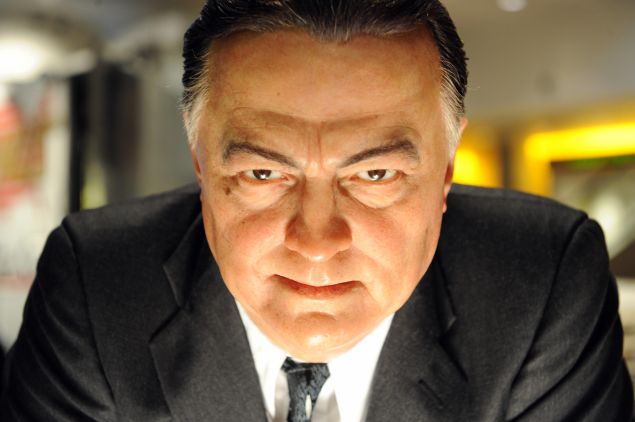 On loan from Madame Tussauds Washington, DC is this likeness in wax of former FBI director J. Edgar Hoover, that has real hair and must be washed using only Paul Mitchell hair products, is part of the Newseum's first changing exhibition, "G-Men and Journalists" on view June 17, 2008 in Washington, DC. The exhibit which which covers the top news stories of the FBI's first century explores the role of the media in shaping the bureau's image and the sometimes cooperative, sometimes combative relationship between the press and the FBI. AFP PHOTO / TIM SLOAN