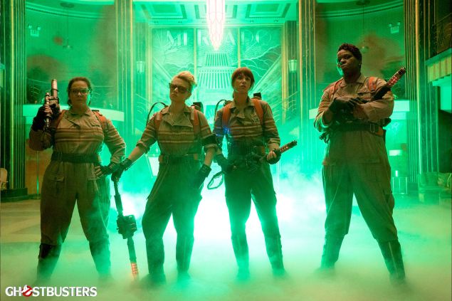 (L-R) Melissa McCarthy, Kate McKinnon, Kristen Wiig and Leslie Jones in Ghostbusters.