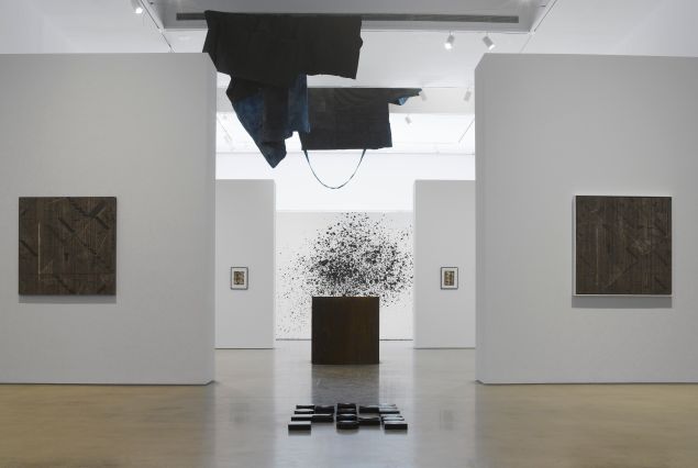 Installation view of "Blackness in Abstraction" at Pace Gallery. From left: Whitten, Epsilon Series I, 1976, #63046; Murillo, II - for the souls of the rotten mighty, 2016, #63924; I - for the souls of the rotten mighty, 2016, #63037; Araeen, Series A (1)- A (6), 1961, #63007 (Detail); Mutu, Throw, 2106, #63038.EC (Detail); Jianguo, One Cubic Metre of Absolute Darkness, 2012, #63026; Pendleton, Untitled (code poem), 2016, #62732.EC; Whitten, Epsilon Series II, 1976, #63047 view 11.