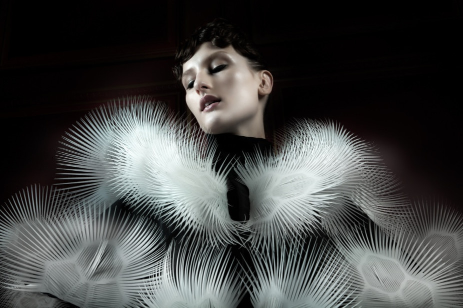A dress by designer Iris van Herpen, who, with her runway designs, challenges common fashion norms and beliefs.