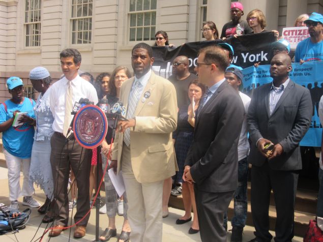 Councilman Jumaane Williams speaks about the proposed Right to Record Act in front of the City Hall steps.