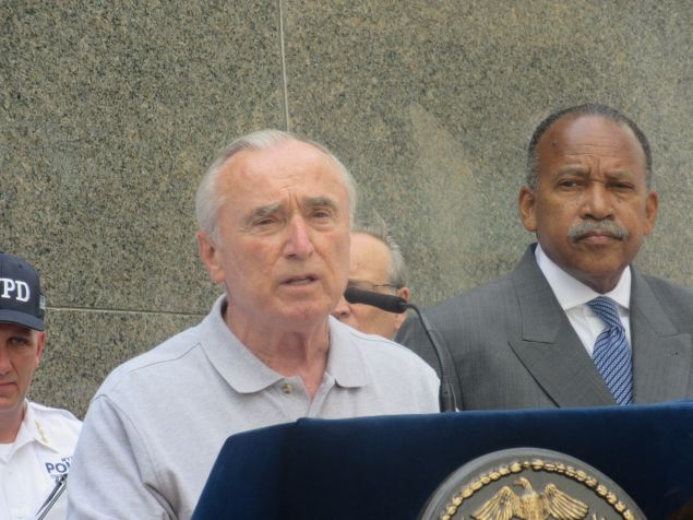 Police Commissioner Bill Bratton speaking at a press conference at the 84th Precinct in Brooklyn this morning.