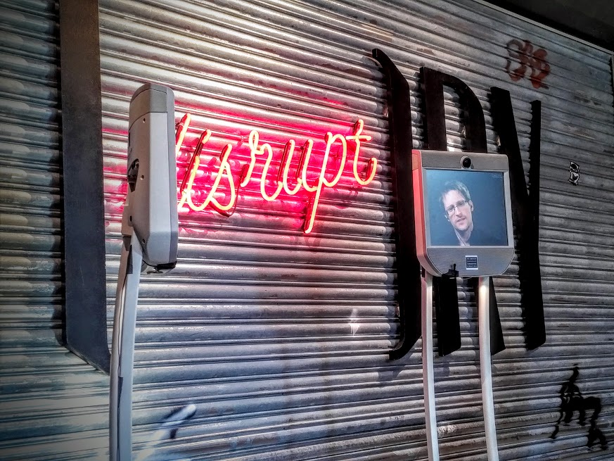Edward Snowden appears via a BeamPro at Story in Chelsea, July 12.