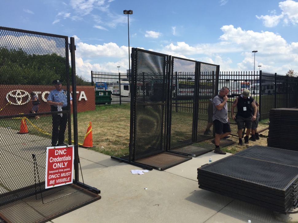 After two days of protests at the DNC, several new skids of 8-foot fencing arrived to expand the security perimter northwards along Broad Street in South Philadelphia.