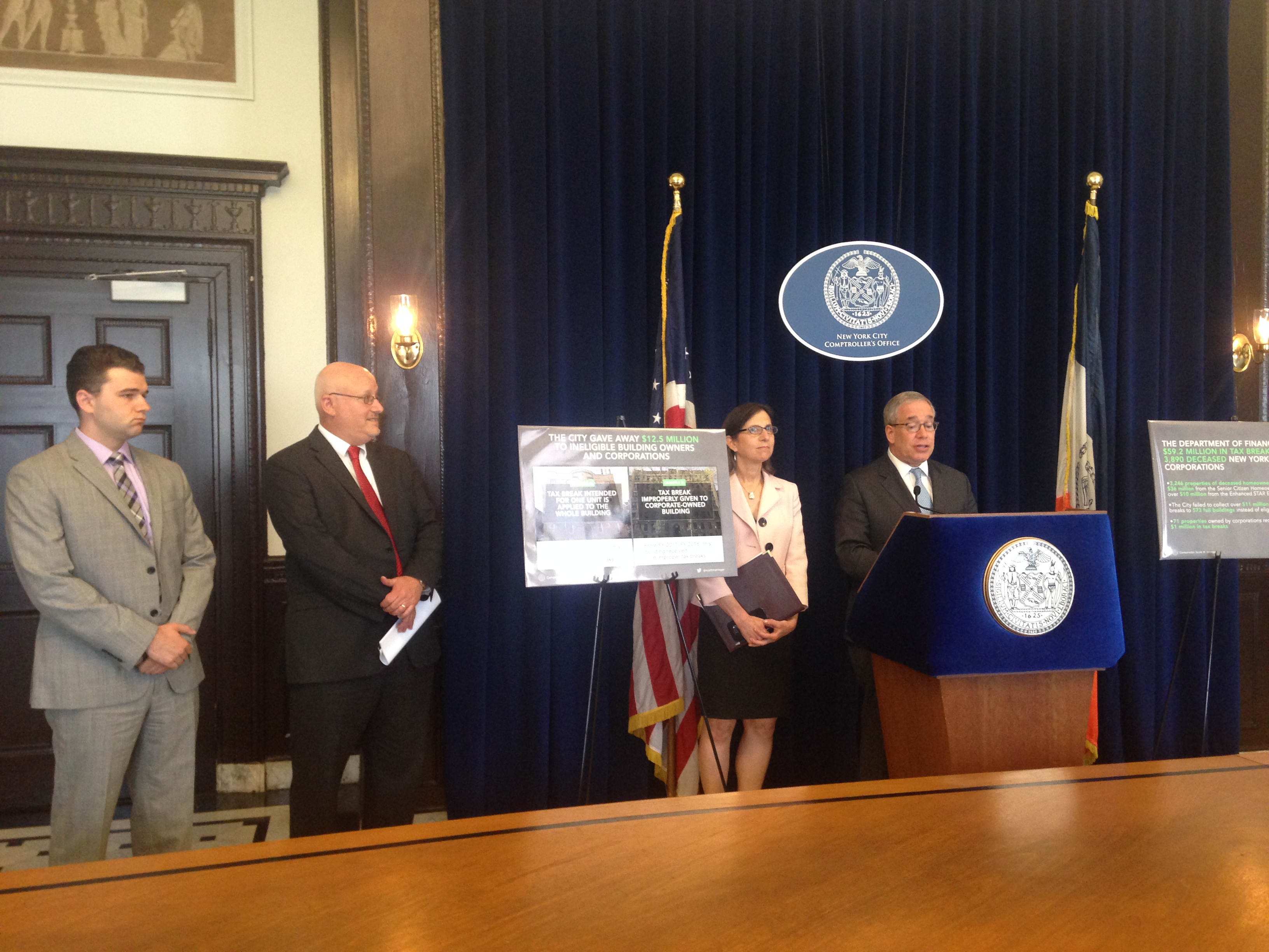 City Comptroller Scott Stringer announced the results of an audit that found that the Finance Department improperly credited tax breaks to dead individuals and corporations.