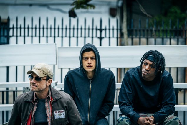 (l-r) Christian Slater as Mr. Robot, Rami Malek as Elliot Alderson and Joey Bada$$ as Leon.