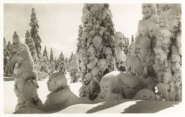 Postcard of manipulated photograph titled "Snow ghosts in the forest." Switzerland, 1931.
