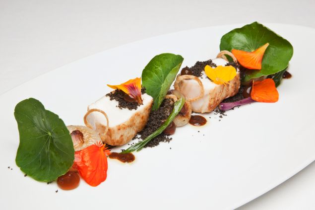 Providence serves halibut with nasturtiums.