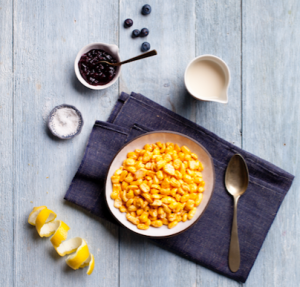 The Corny Blues bowl offers a combination of corn pops, salt, lemon zest and blueberry jam.