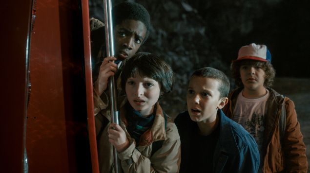 Caleb McLaughlin, Finn Wolfhard, Millie Bobby Brown and Gaten Matarazzo in Stranger Things.